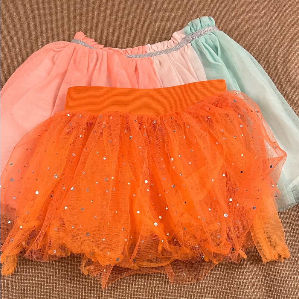 Girls' Sequin orange skirt and peach teal skirt with silver waist band bundle